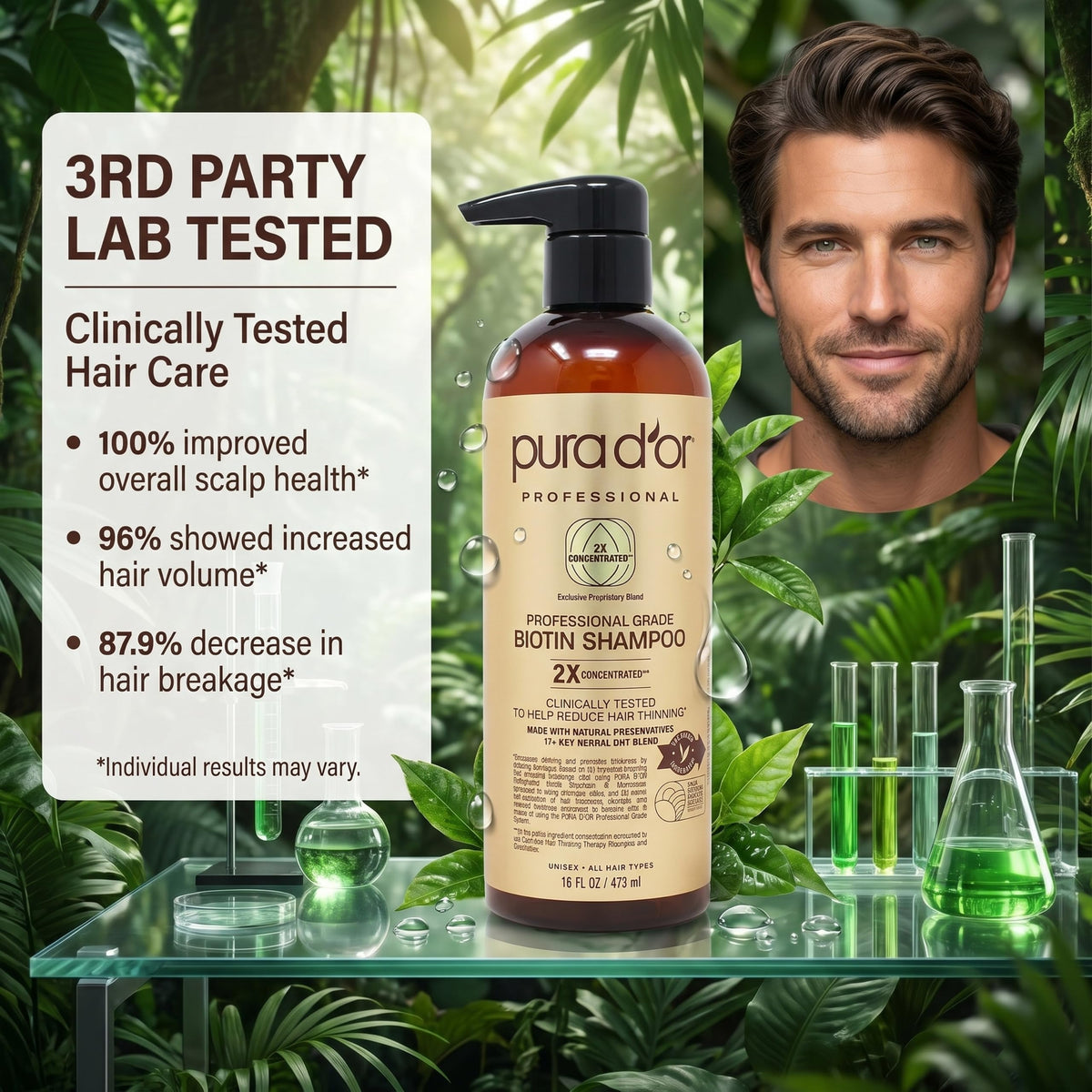 PURA D'OR bottle beside botanical ingredients for nourishing blend