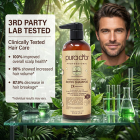 PURA D'OR bottle beside botanical ingredients for nourishing blend