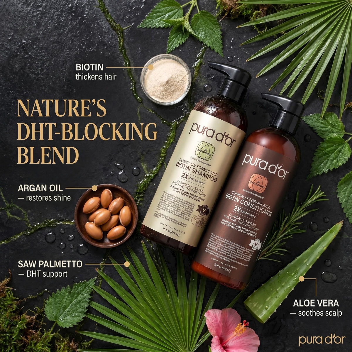 PURA D'OR key botanical ingredients flatlay for nourishing benefits