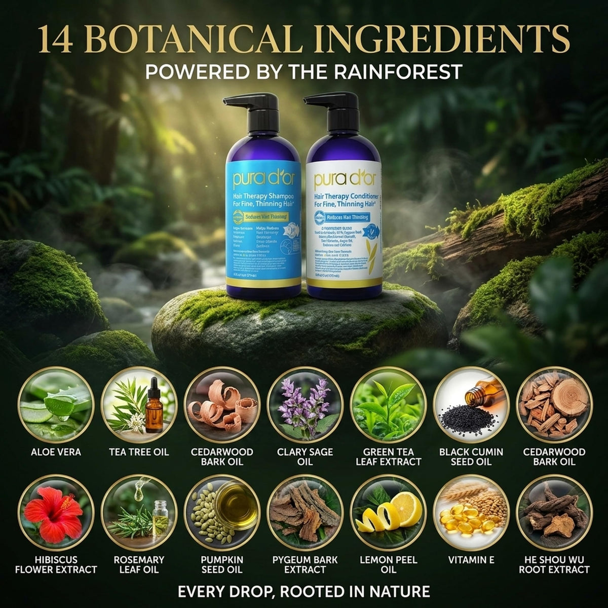 PURA D'OR ingredients label close-up showing herbal formulation