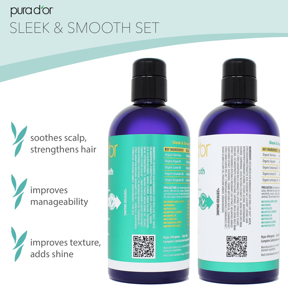 PURA D'OR ingredients label highlighting organic aloe and botanical oils