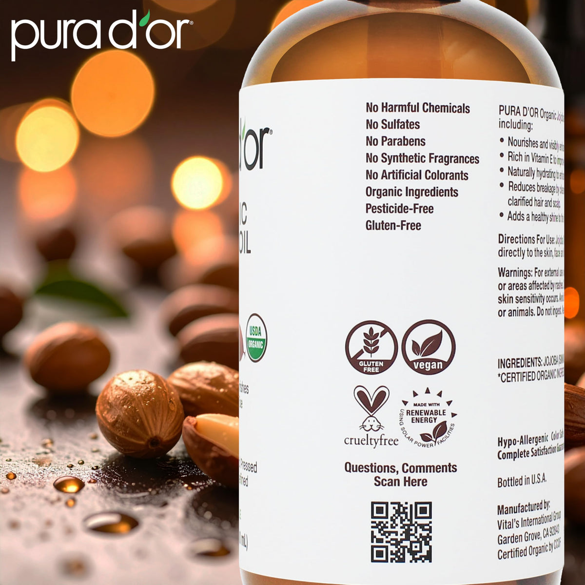 PURA D'OR applied to hair demonstrating frizz control and shine benefit