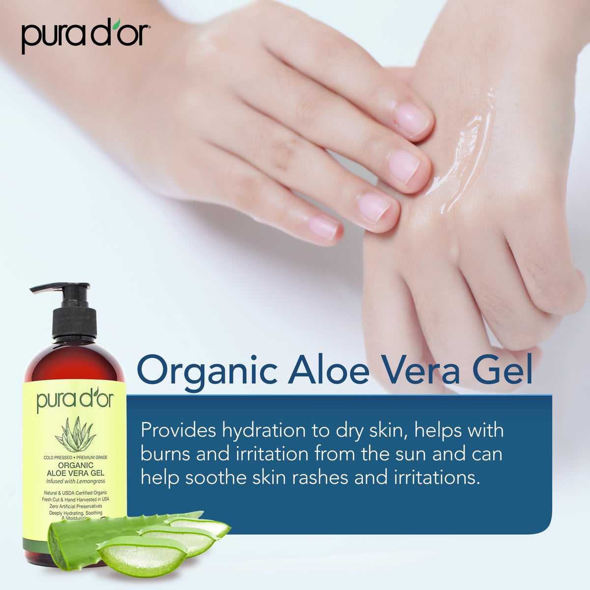 PURA D'OR label details highlighting organic ingredients and safety benefit