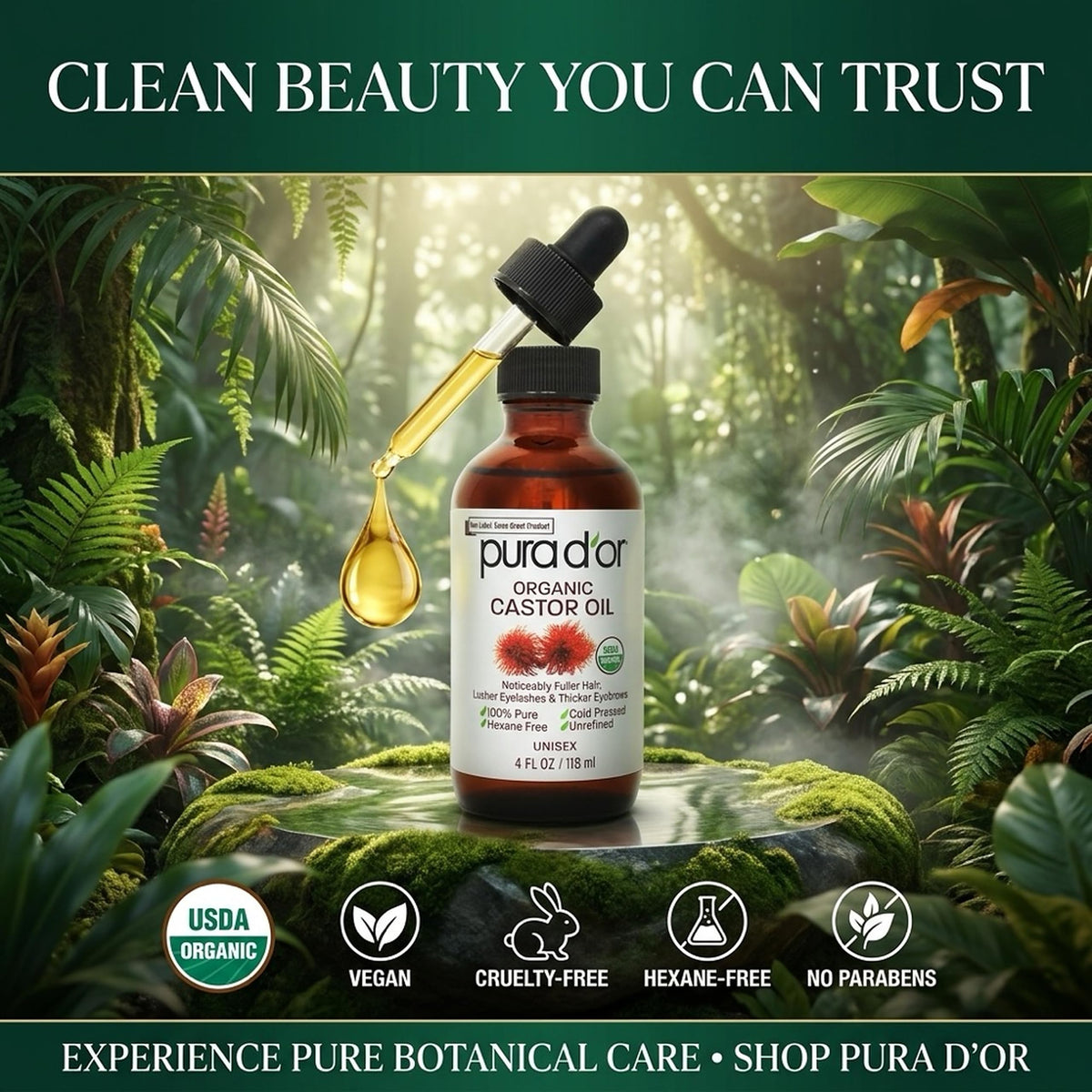 PURA D'OR bottle staged on bathroom counter in routine for clean-beauty ritual