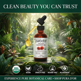 PURA D'OR bottle staged on bathroom counter in routine for clean-beauty ritual