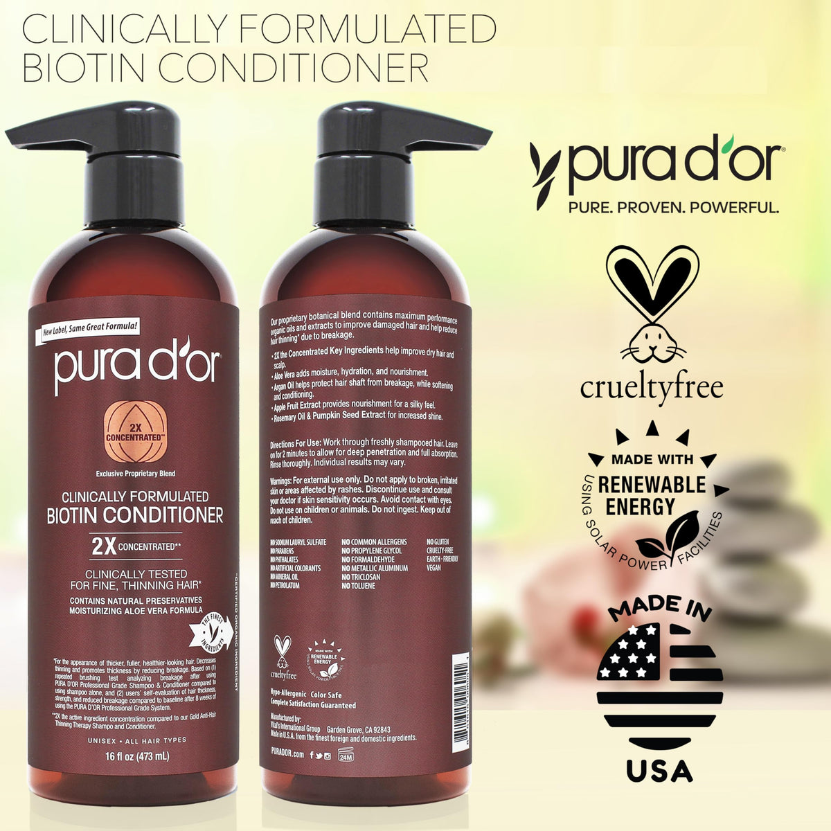 PURA D'OR bottle on bathroom shelf in lifestyle setting suggesting daily routine benefits