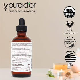PURA D'OR bottle on bathroom shelf in routine setting suggesting daily use benefit
