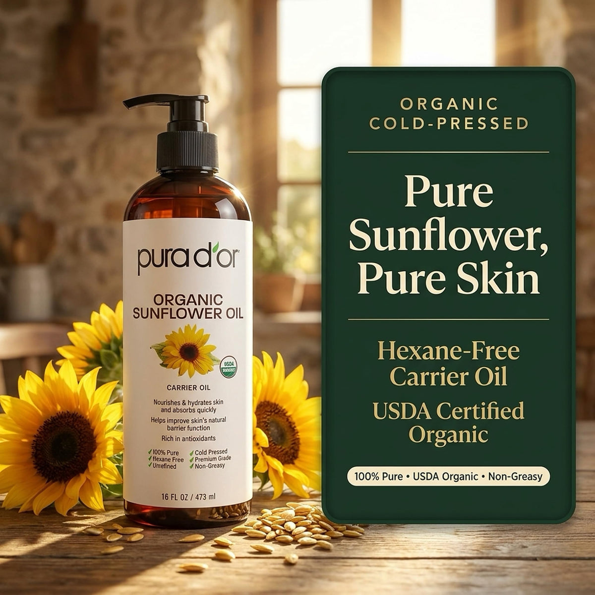 PURA D'OR bottle on bathroom shelf in lifestyle setting promoting everyday routine benefit