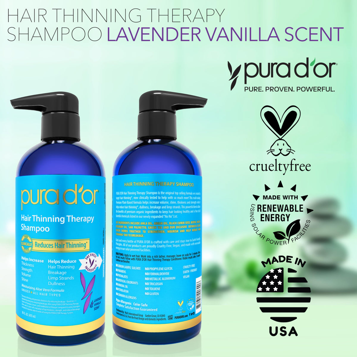 PURA D'OR bottle on bathroom shelf styled in routine setting showing daily use benefit