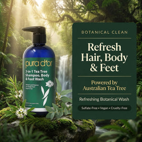 PURA D'OR on bathroom shelf styled for a calming routine