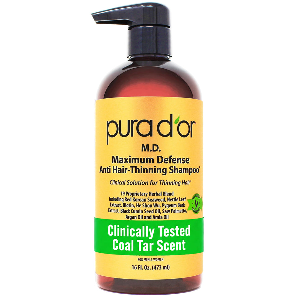 PURA D'OR front bottle shot showing label and 16 oz size benefit