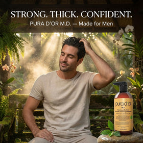 PURA D'OR bottle next to common object highlighting 16 oz volume