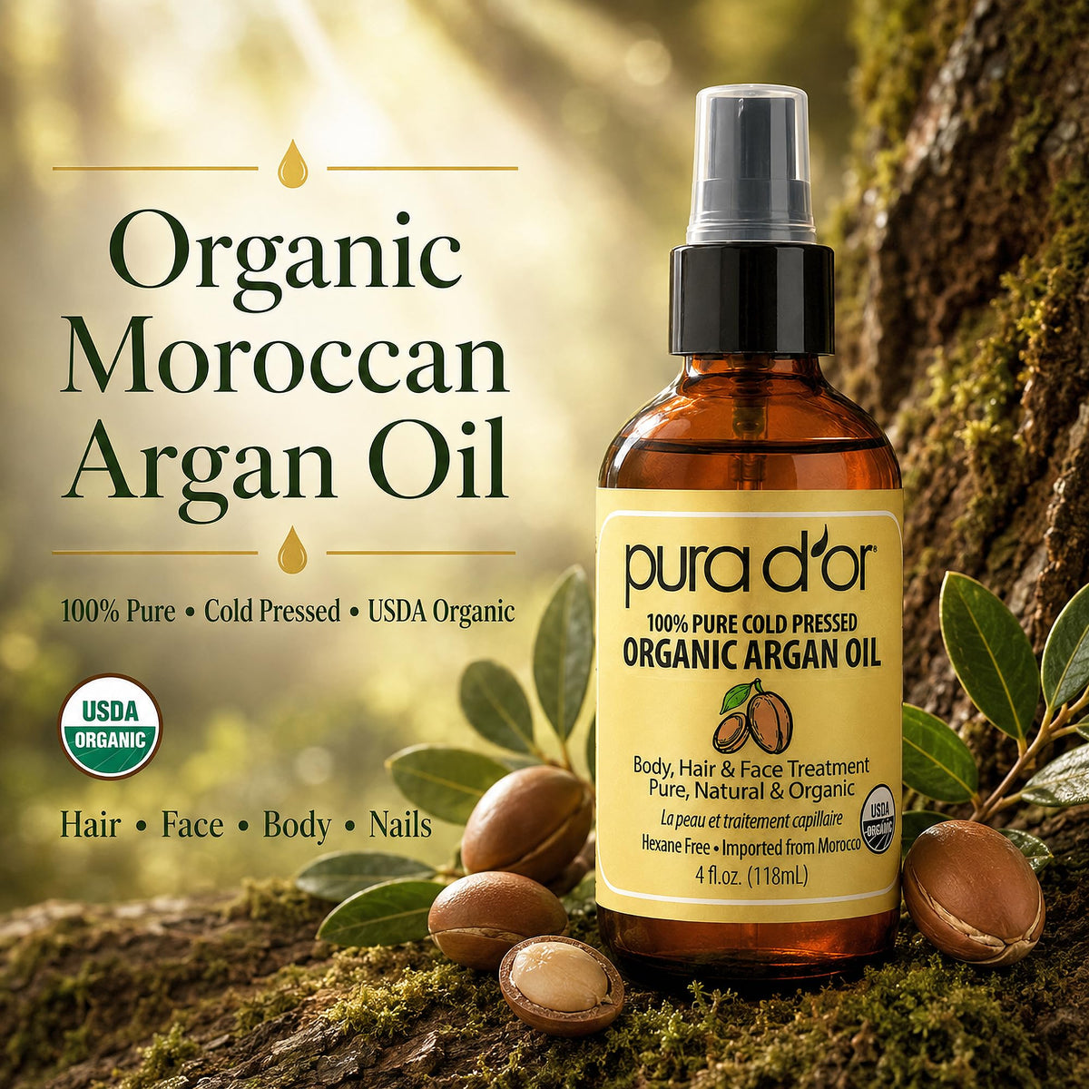 PURA D'OR close-up of clear argan oil texture highlighting purity