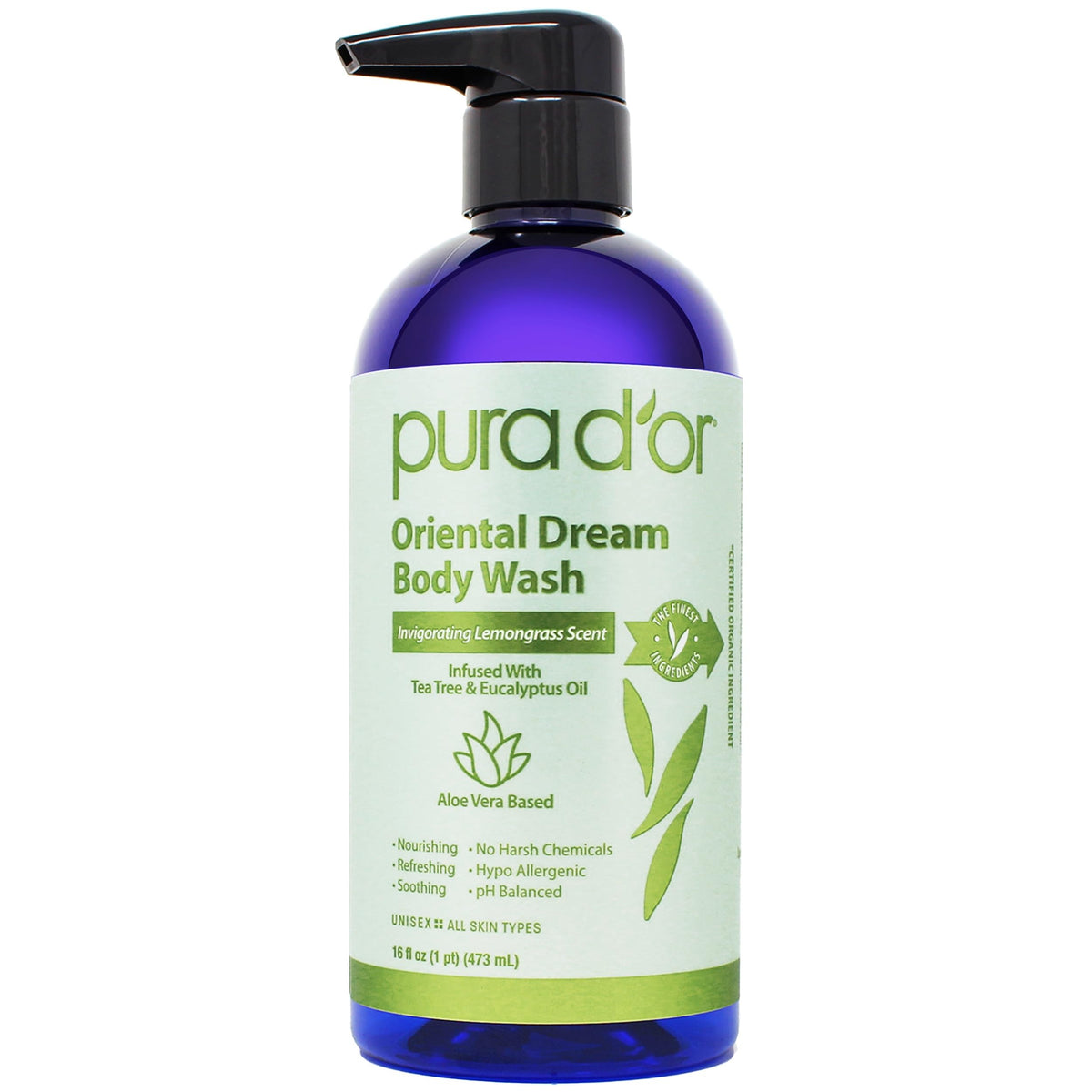PURA D'OR front packaging showing 16 oz bottle and benefits