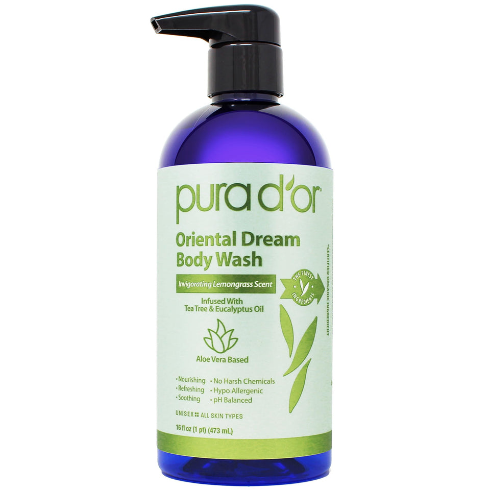 PURA D'OR front packaging showing 16 oz bottle and benefits