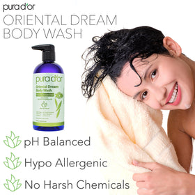 PURA D'OR pump dispensing gel in shower demonstrating easy use