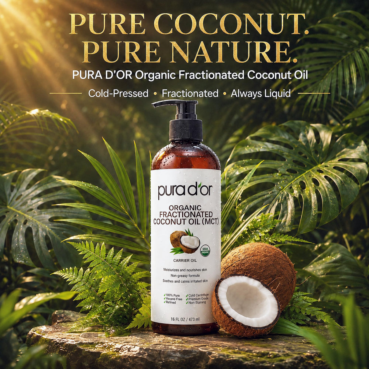 PURA D'OR close-up pour spout demonstrating controlled dispensing benefit