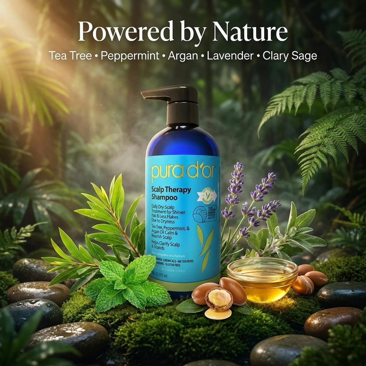 PURA D'OR rich lather on hair demonstrating gentle cleansing benefit