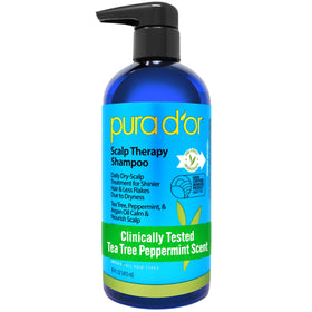 PURA D'OR front bottle showing calming scalp formula for itch relief