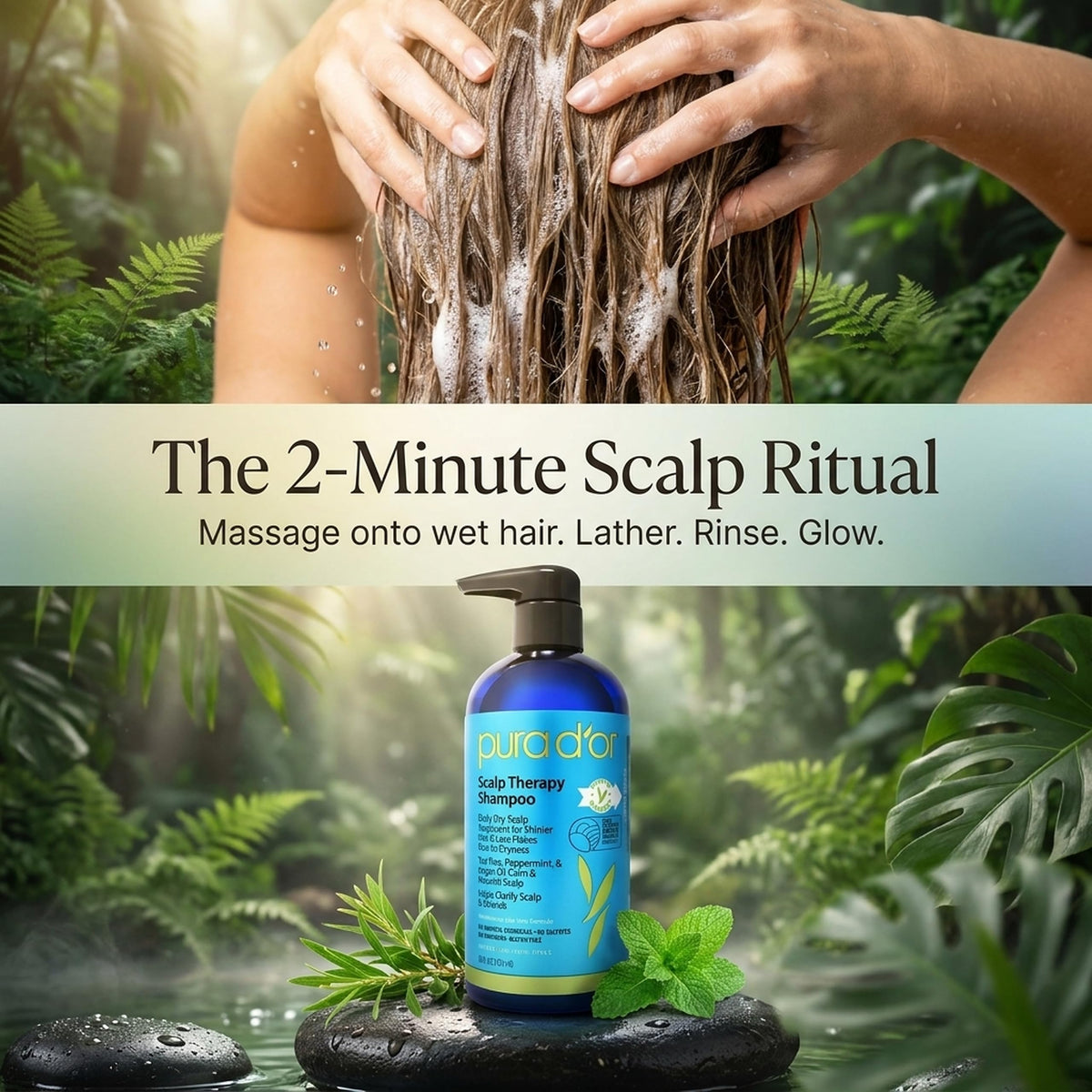 PURA D'OR in gym shower scene for multi-purpose shampoo and body wash