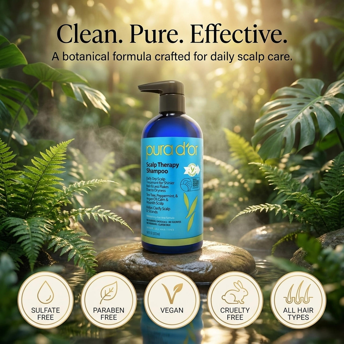 PURA D'OR label close-up listing botanical actives and clean formulation
