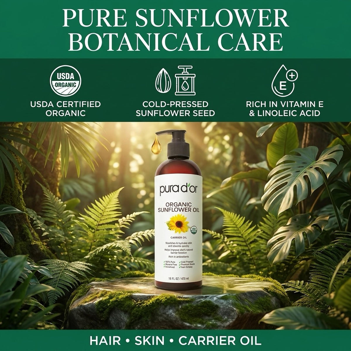 PURA D'OR 16 oz bottle next to common items for scale showing generous supply benefit