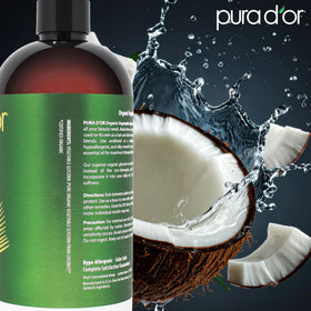 PURA D'OR 24 oz bottle next to measuring cup to show size and long-lasting supply