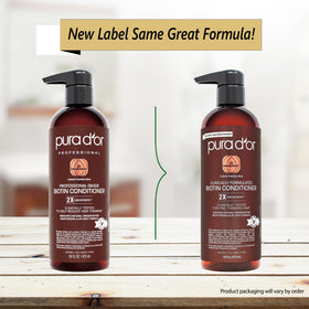 PURA D'OR 16 oz bottle next to hand to show scale and convenient size for routine use