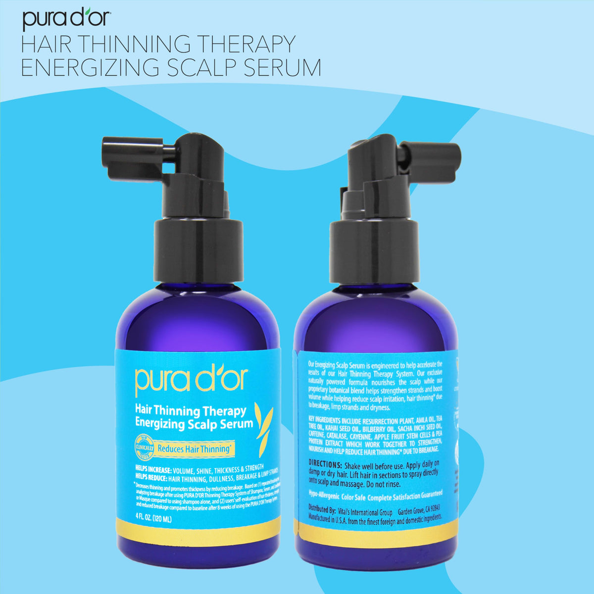 PURA D'OR serum beside a hand to show 4oz size and travel-friendly benefit