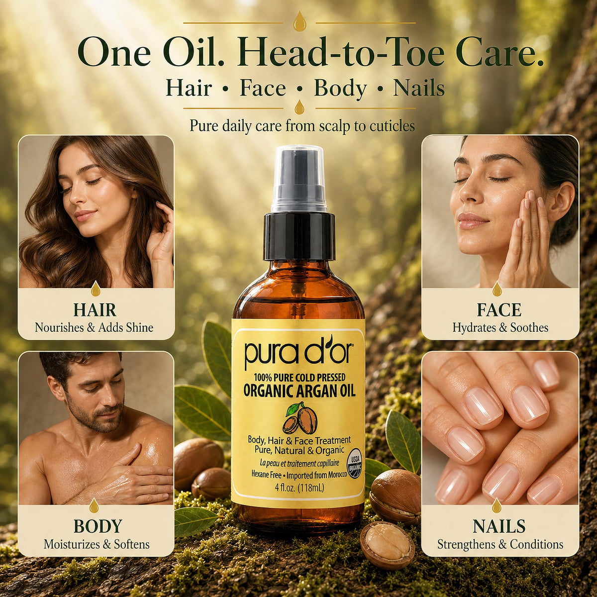 PURA D'OR oil on hands showing moisturized skin and soft finish
