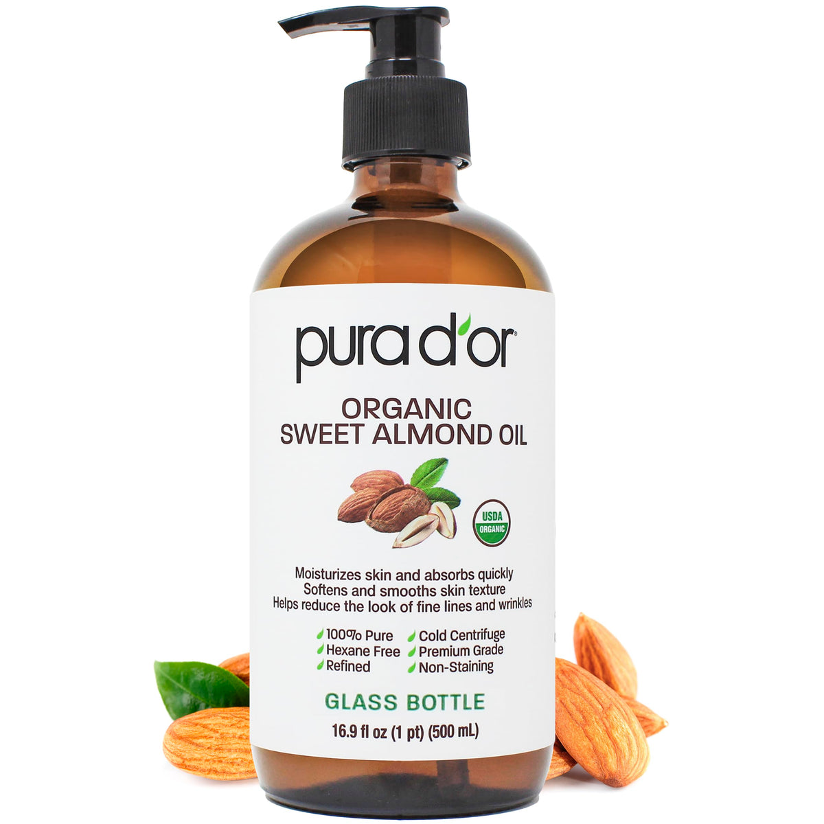 PURA D'OR front glass bottle showing clean organic packaging and volume