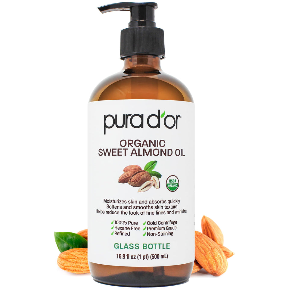 PURA D'OR front glass bottle showing clean organic packaging and volume