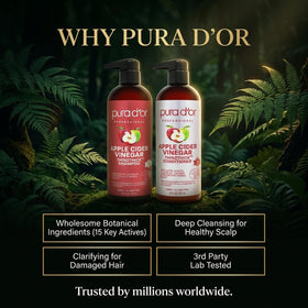 PURA D'OR bottles in hand for scale showing 16oz size and travel convenience
