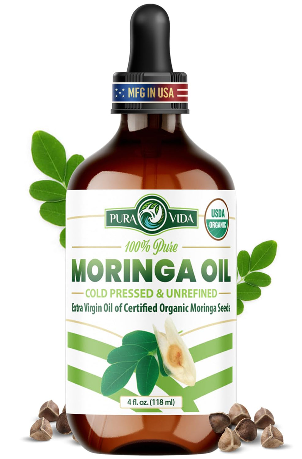 PURA VIDA MORINGA front bottle showing organic label and pure oil benefits