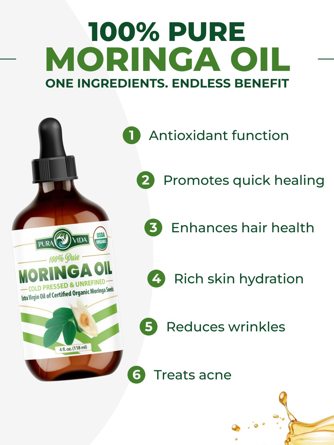 PURA VIDA MORINGA label close-up highlighting USDA organic and single-origin purity