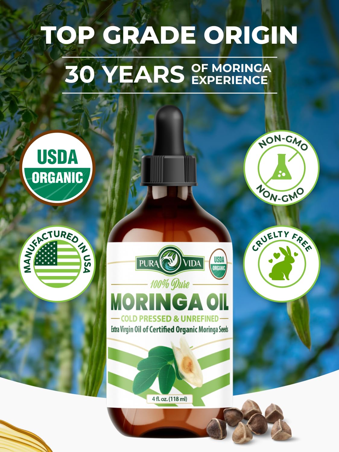 PURA VIDA MORINGA oil texture drop demonstrating lightweight absorbent benefit