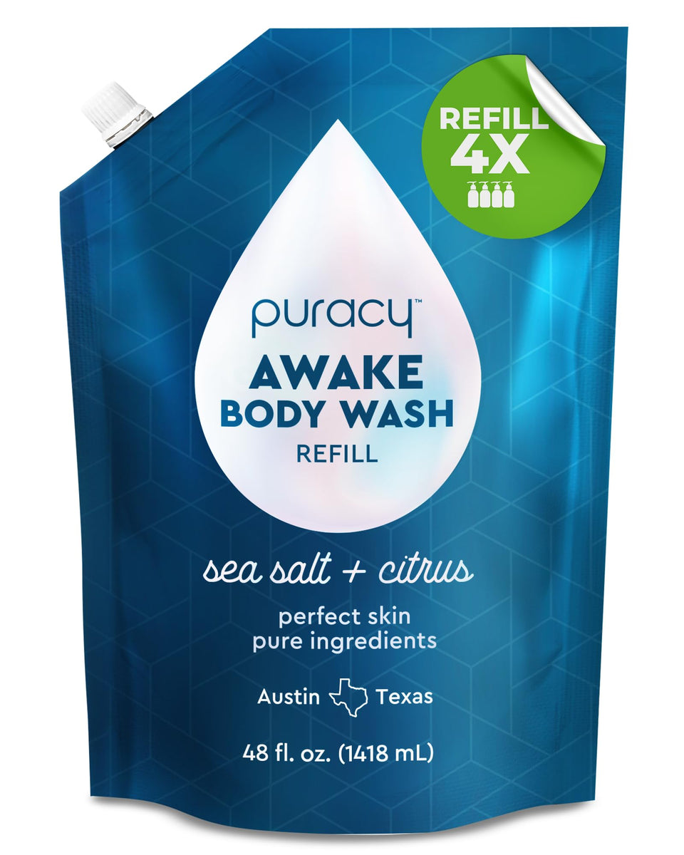 Puracy front view of bottle and refill pouch showing packaging and eco benefits