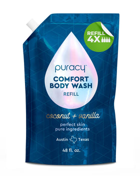 Puracy refill bottle front view showing coconut vanilla scent and size benefit