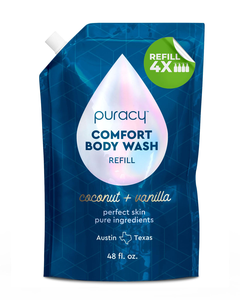 Puracy refill bottle front view showing coconut vanilla scent and size benefit
