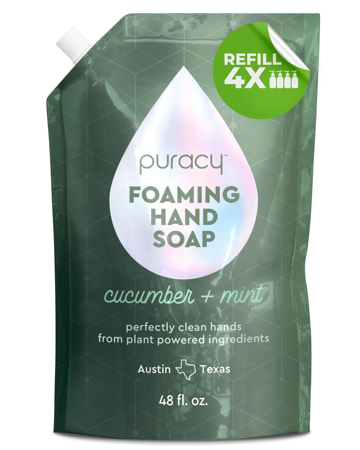 puracy pouch front view showing label and eco-friendly refill benefit