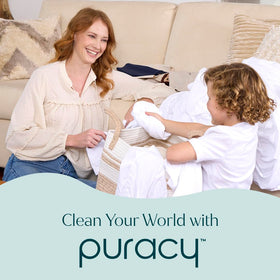 Puracy bottles staged in bathroom setting conveying fresh scent and stylish placement