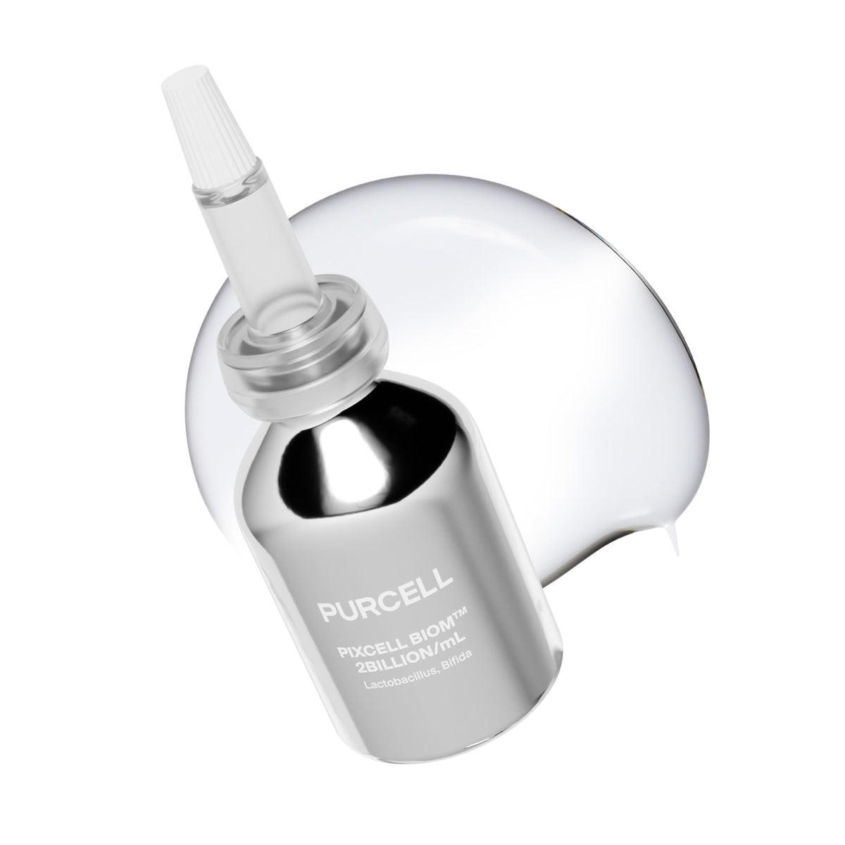 PURCELL bottle front view showing clean probiotic essence packaging and calming benefit