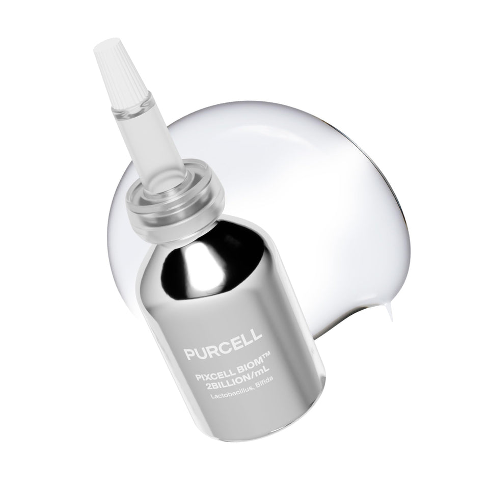 PURCELL bottle front view showing clean probiotic essence packaging and calming benefit