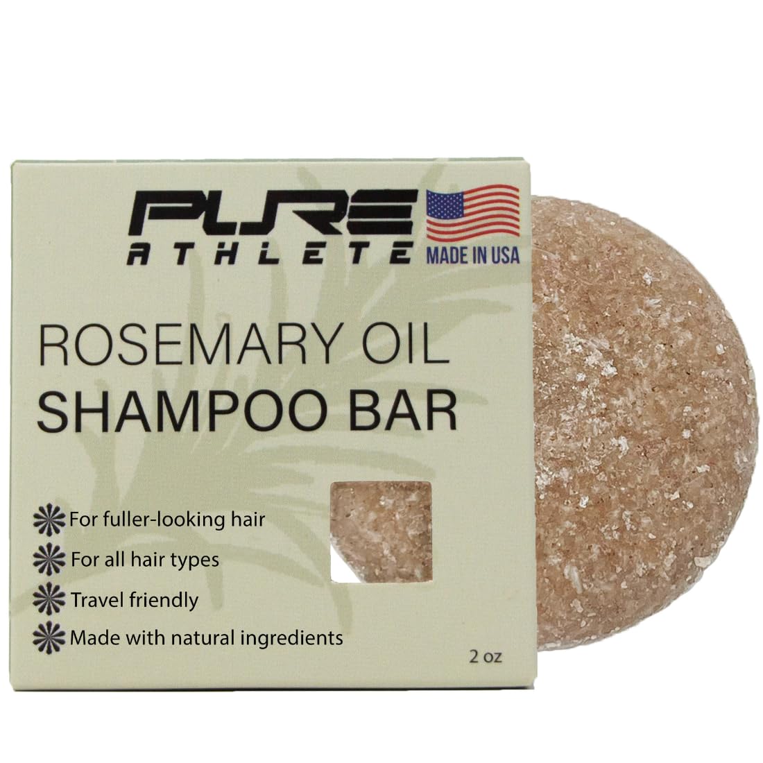 Pure Athlete front packaging showing rosemary shampoo bar and eco-friendly benefit