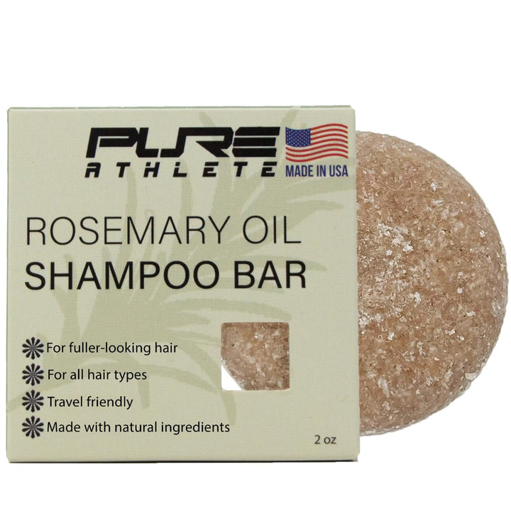 Pure Athlete front packaging showing rosemary shampoo bar and eco-friendly benefit