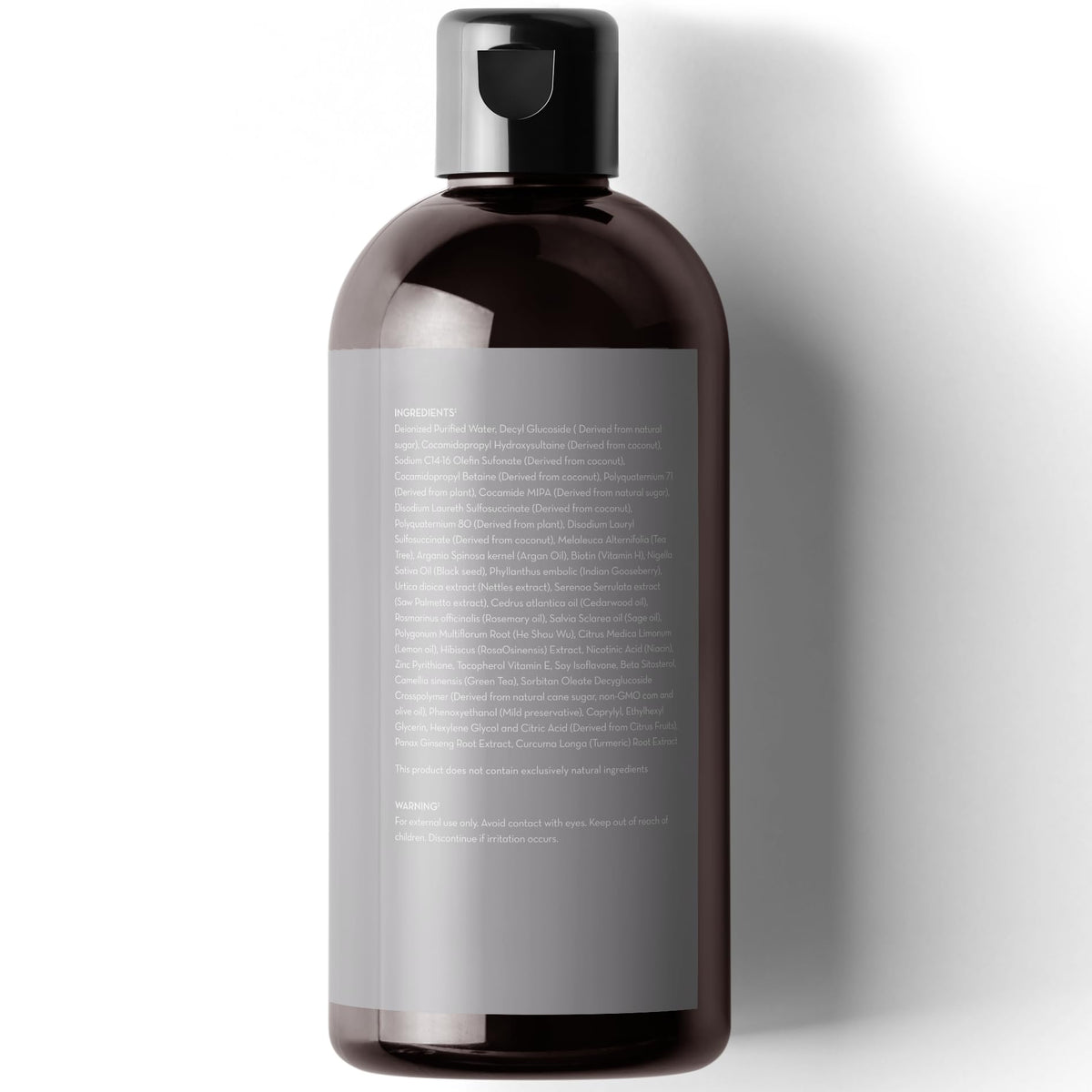 Pure Body Naturals label close-up listing key botanicals and vitamin benefits