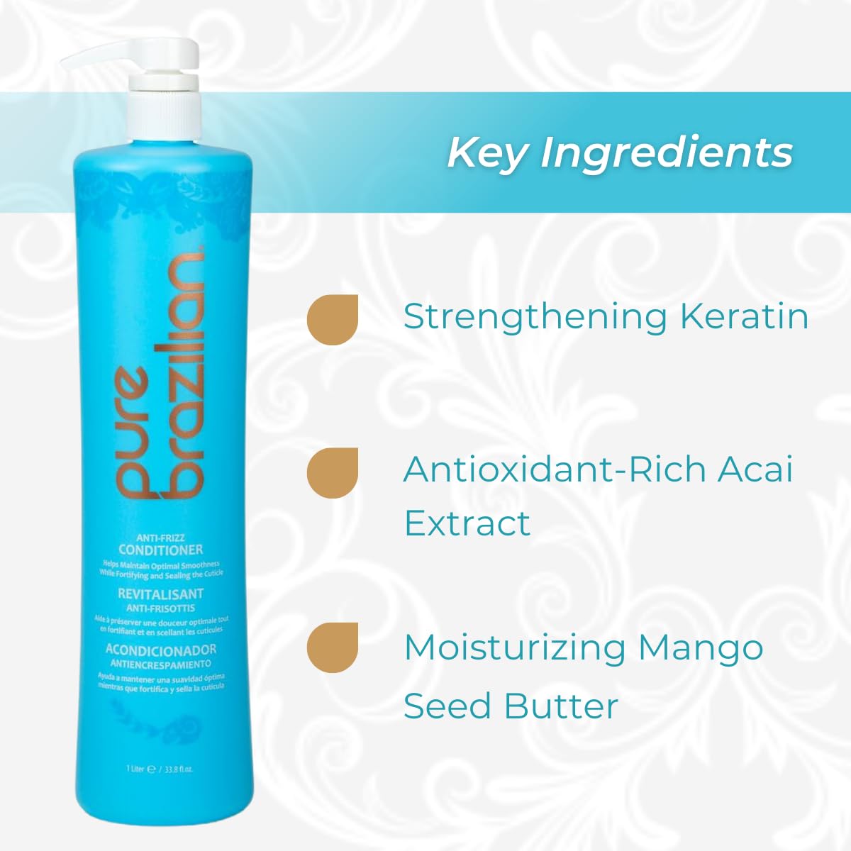 Pure Brazilian label close-up highlighting keratin and açaí benefits