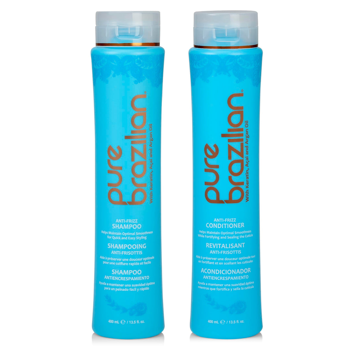 Pure Brazilian front packaging showing both bottles and smoothing benefits