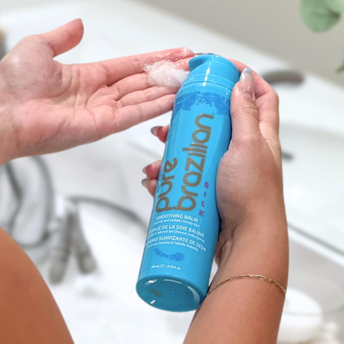 Pure Brazilian ingredients label close-up highlighting keratin and coconut oil benefits