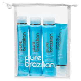 Pure Brazilian kit front packaging showing four travel bottles and labels, convenient for packing